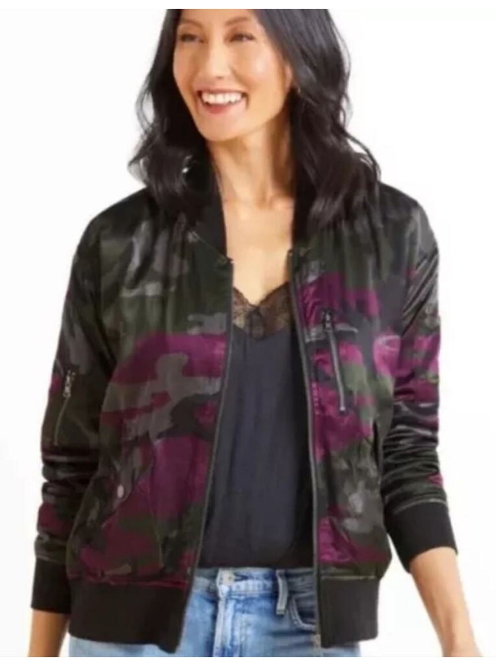 Marrakech Evereve Anthropologie Satin Camouflage Full Zip Bomber Jacket